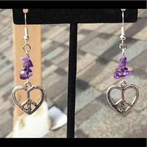 Purple Amethyst Heart Peace Sign Dangle Earrings